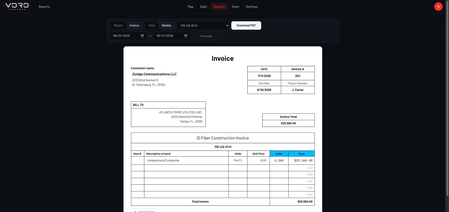 Voro FiberOps invoice built from logged production footage