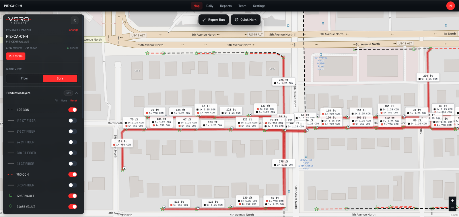 Voro FiberOps map workspace showing a fiber plan with completed run footage